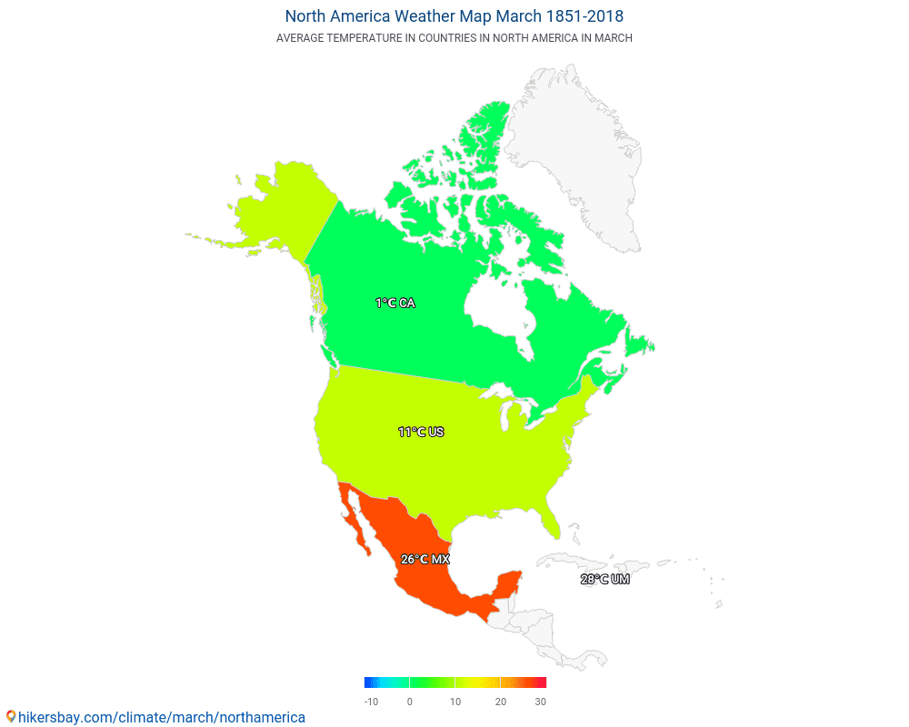 Северна Америка - Средна температура в Северна Америка през годините. Средно време в Март. hikersbay.com