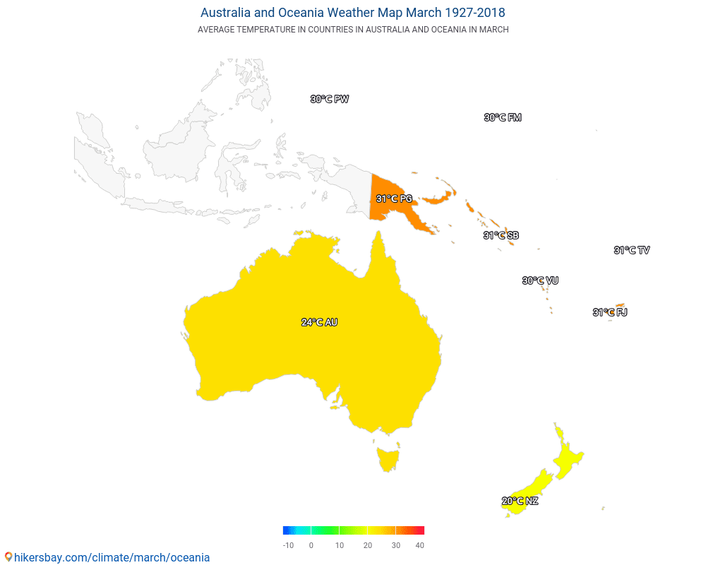 Австралия и Океания - Средна температура в Австралия и Океания през годините. Средно време в Март. hikersbay.com