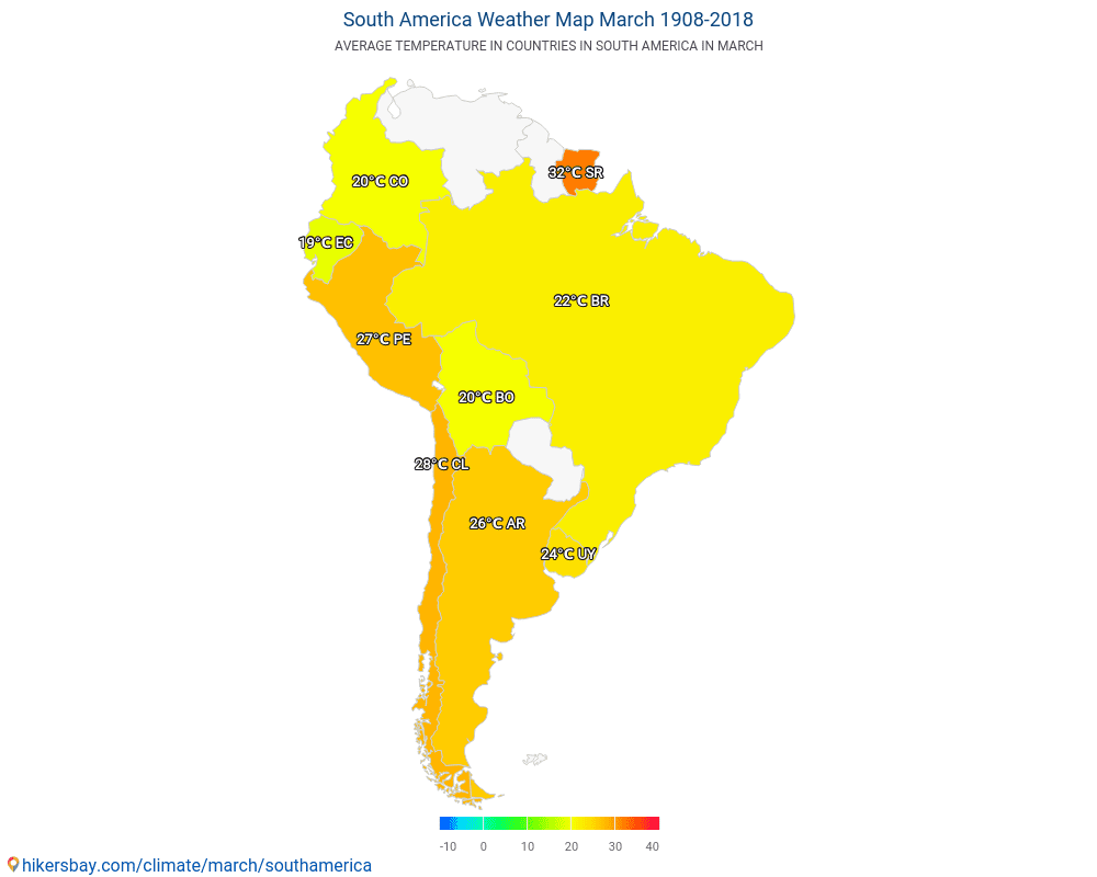 Etelä-Amerikka - Keskimääräinen lämpötila Etelä-Amerikka vuosien ajan. Keskimääräinen sää Maaliskuu aikana. hikersbay.com