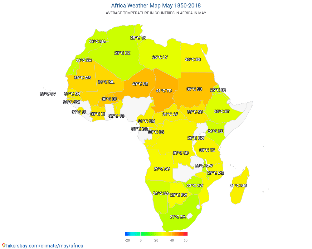 Afrika - Gennemsnitstemperatur i Afrika over årene. Gennemsnitligt vejr i maj. hikersbay.com