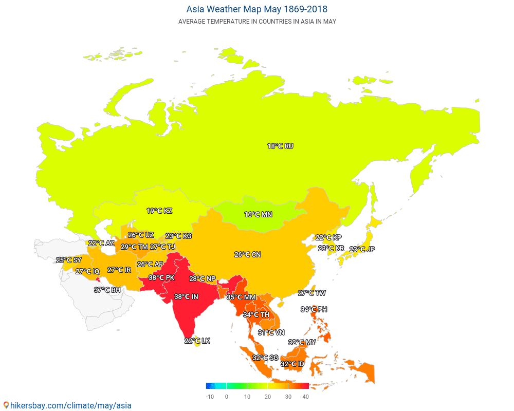 アジア - 長年にわたり アジア の平均気温。 5月 の平均天気予報。 hikersbay.com