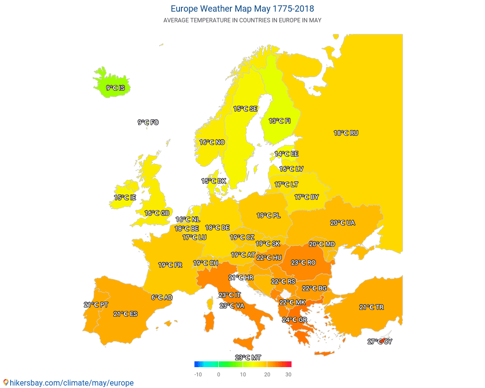 Europa - Gennemsnitstemperatur i Europa over årene. Gennemsnitligt vejr i maj. hikersbay.com