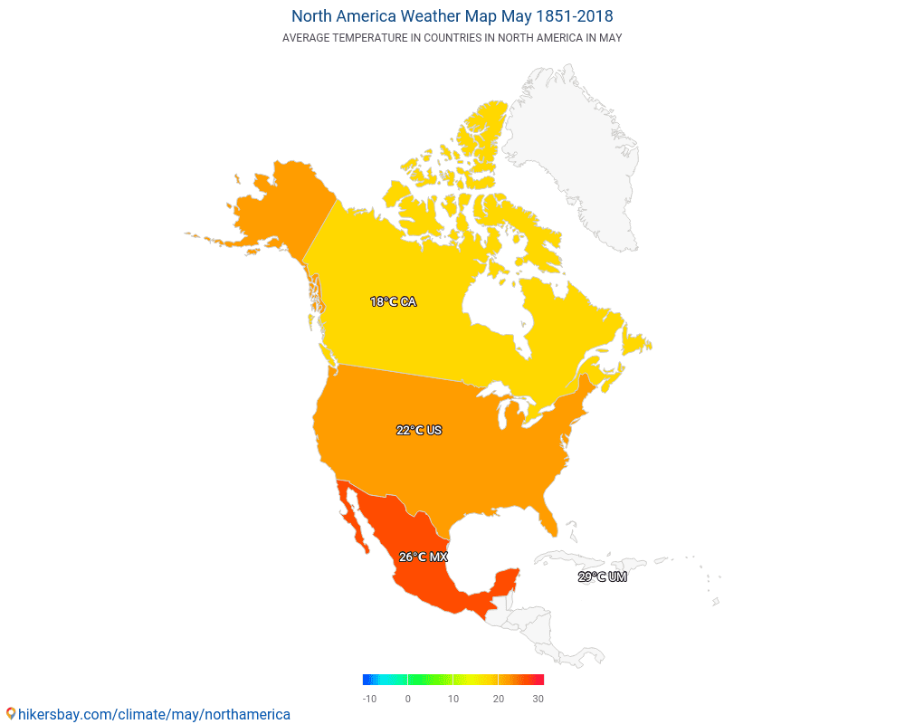 Βόρεια Αμερική - Μέση θερμοκρασία στο Βόρεια Αμερική τα τελευταία χρόνια. Μέση καιρού Μάιος. hikersbay.com