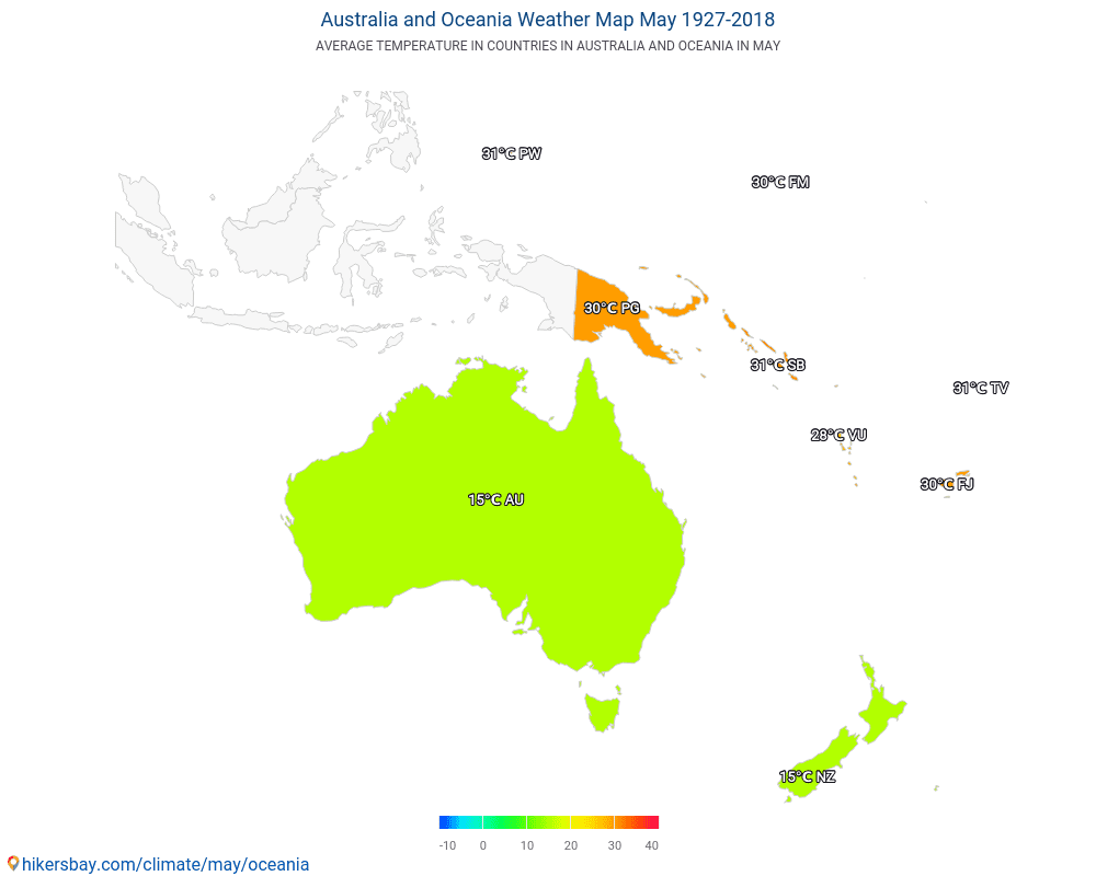 Avustralya ve Okyanusya - Yıl boyunca ortalama sıcaklık Avustralya ve Okyanusya içinde. Ortalama hava Mayıs içinde. hikersbay.com