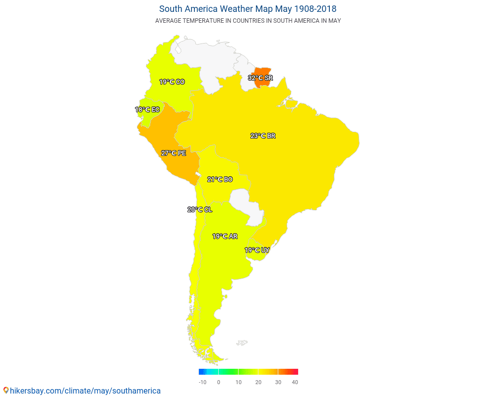 Zuid-Amerika - Gemiddelde temperatuur in Zuid-Amerika door de jaren heen. Gemiddeld weer in mei. hikersbay.com