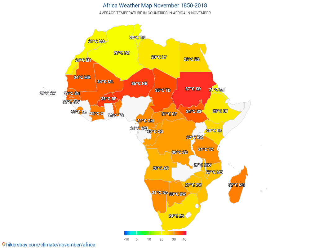 אפריקה - טמפ ממוצעות אפריקה השנים. מזג האוויר הממוצע ב- נובמבר. hikersbay.com