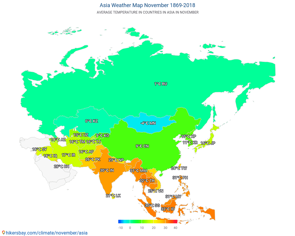 Asien - Medeltemperaturen i Asien under åren. Genomsnittliga vädret i November. hikersbay.com