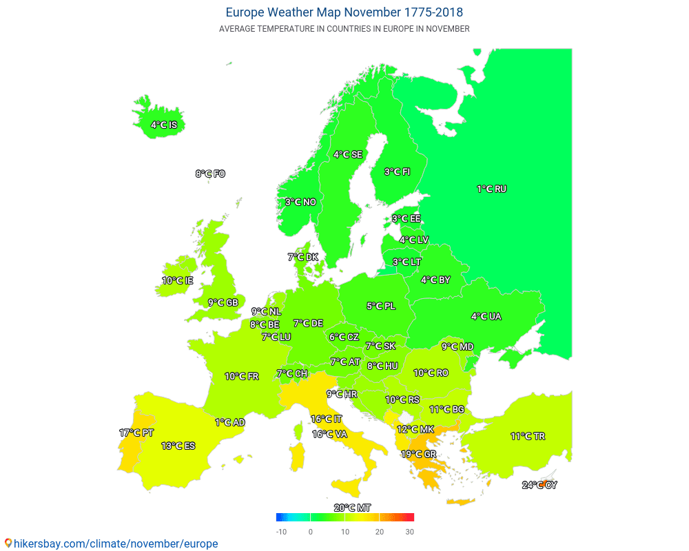 Europa - Medeltemperatur i Europa under åren. Genomsnittligt väder i November. hikersbay.com