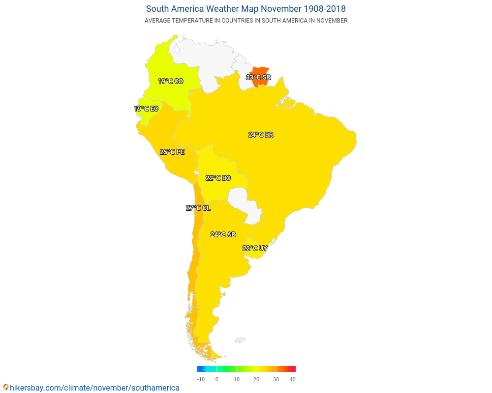 Zuid-Amerika - Gemiddelde temperatuur in Zuid-Amerika door de jaren heen. Gemiddeld weer in November. hikersbay.com