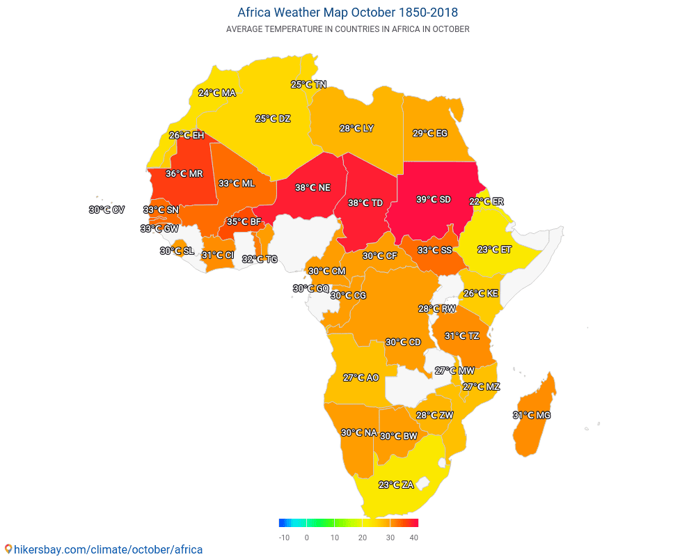 Afrique - Température moyenne à Afrique au fil des ans. Conditions météorologiques moyennes en octobre. hikersbay.com