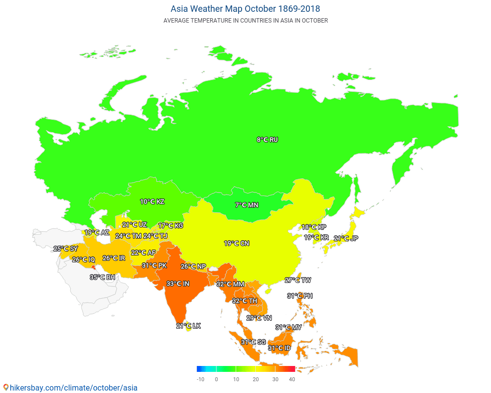 Asia - Temperatura media en Asia sobre los años. Tiempo promedio en Octubre. hikersbay.com