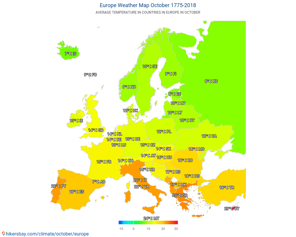 Eiropa - Vidējā temperatūra Eiropa gada laikā. Vidējais laiks Oktobris. hikersbay.com