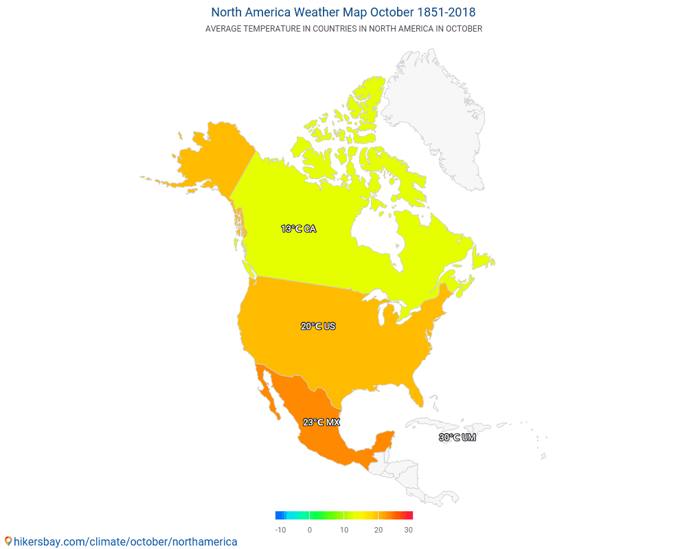 North America - Average temperature in North America over the years. Average weather in October. hikersbay.com