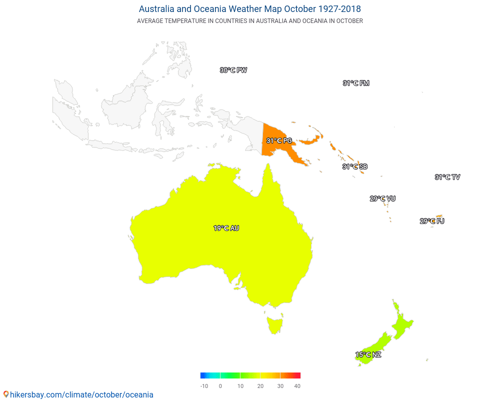 Austrália e Oceania - Temperatura média em Austrália e Oceania ao longo dos anos. Tempo médio em Outubro. hikersbay.com