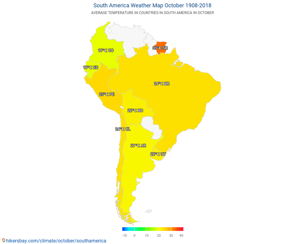 Zuid-Amerika - Gemiddelde temperatuur in Zuid-Amerika door de jaren heen. Gemiddeld weer in Oktober. hikersbay.com