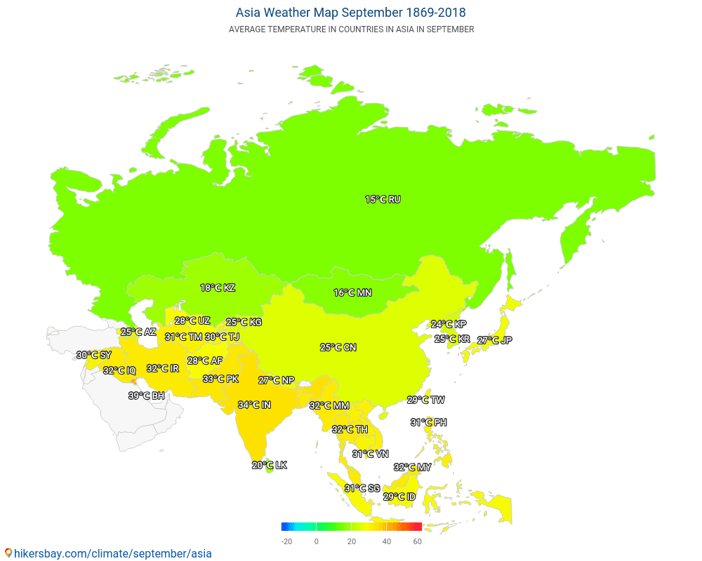 Asie - Průměrná teplota v Asie během let. Průměrné počasí v Září. hikersbay.com