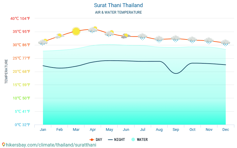Surat Thani - Water temperature in Surat Thani (Thailand) - monthly sea surface temperatures for travellers. 2015 - 2024 hikersbay.com