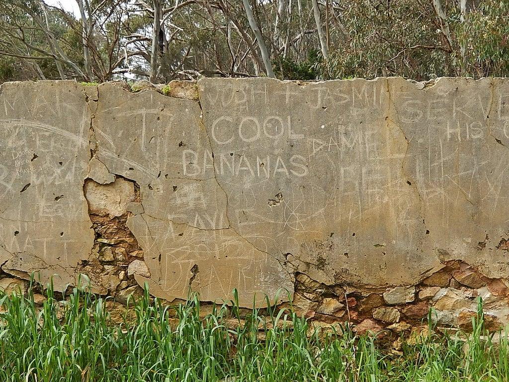 Attēls no Newmans Nursery Ruins. stone wall graffiti ruins past cracked slang adelaidehills newmansnursery