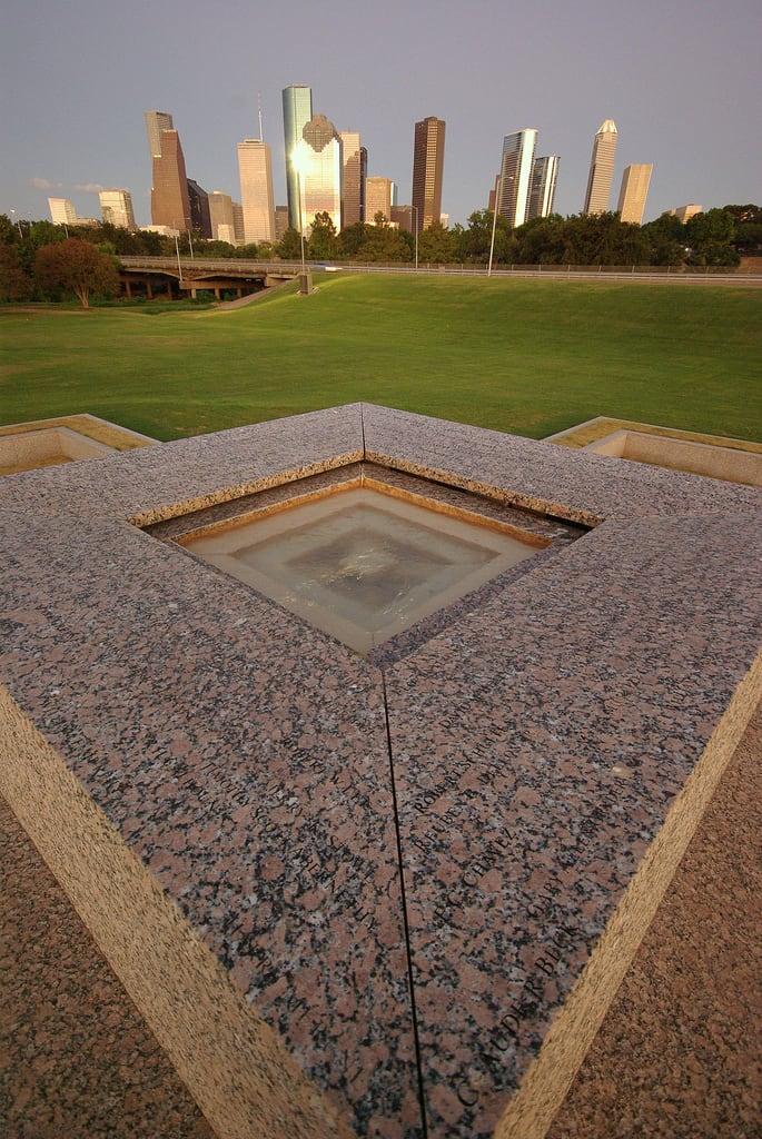 Image of Houston Police Officers' Memorial. fountain skyline buffalo memorial downtown texas pyramid houston police bayou officer sigma1020 assignment39