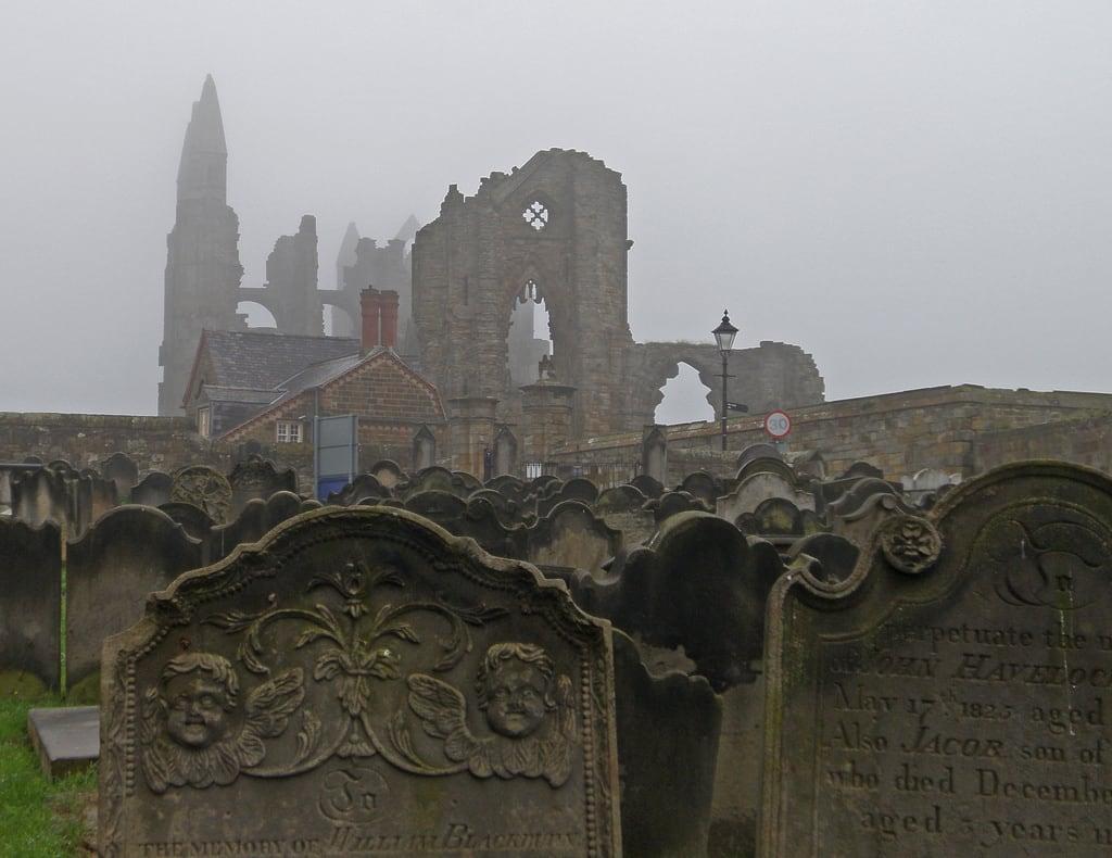 Afbeelding van Whitby Abbey. yorkshire nymr railway train steam whitby church abbey ruins harbour seagulls bridge boats steps jet