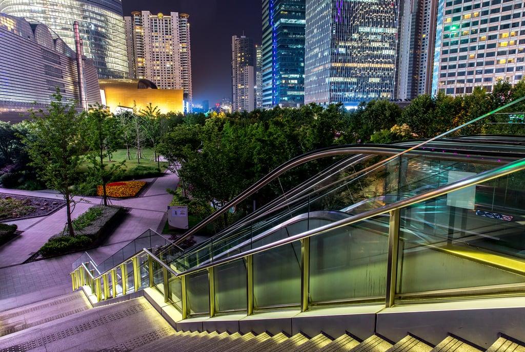 Изображение на Asia Building. city urban center night light building tower stairs escalator lamp