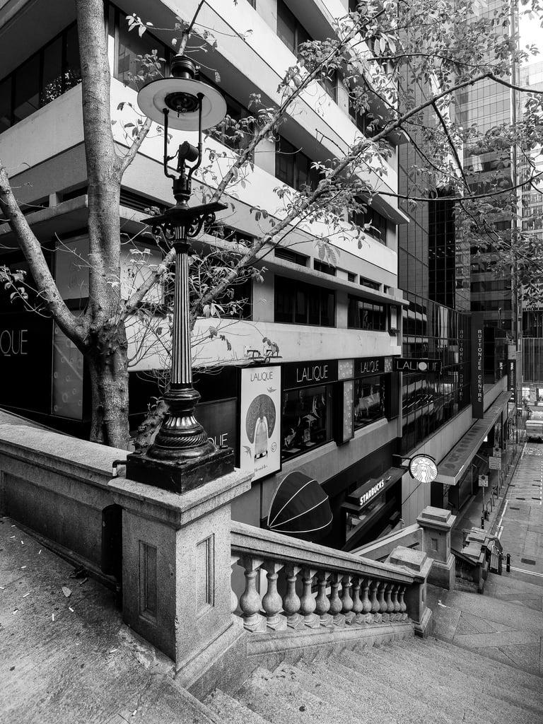 Image of Duddell Street gas street lamps. asia duddellstreet hongkong abroad blackandwhite china city fareast gaslamps holiday holiday2018asia lamps outdoors stairs steps street vacation