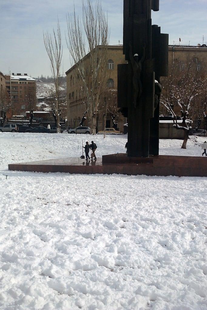 Image of Yeghishe Charents Monument. winter snow monument yerevan yeghishecharents