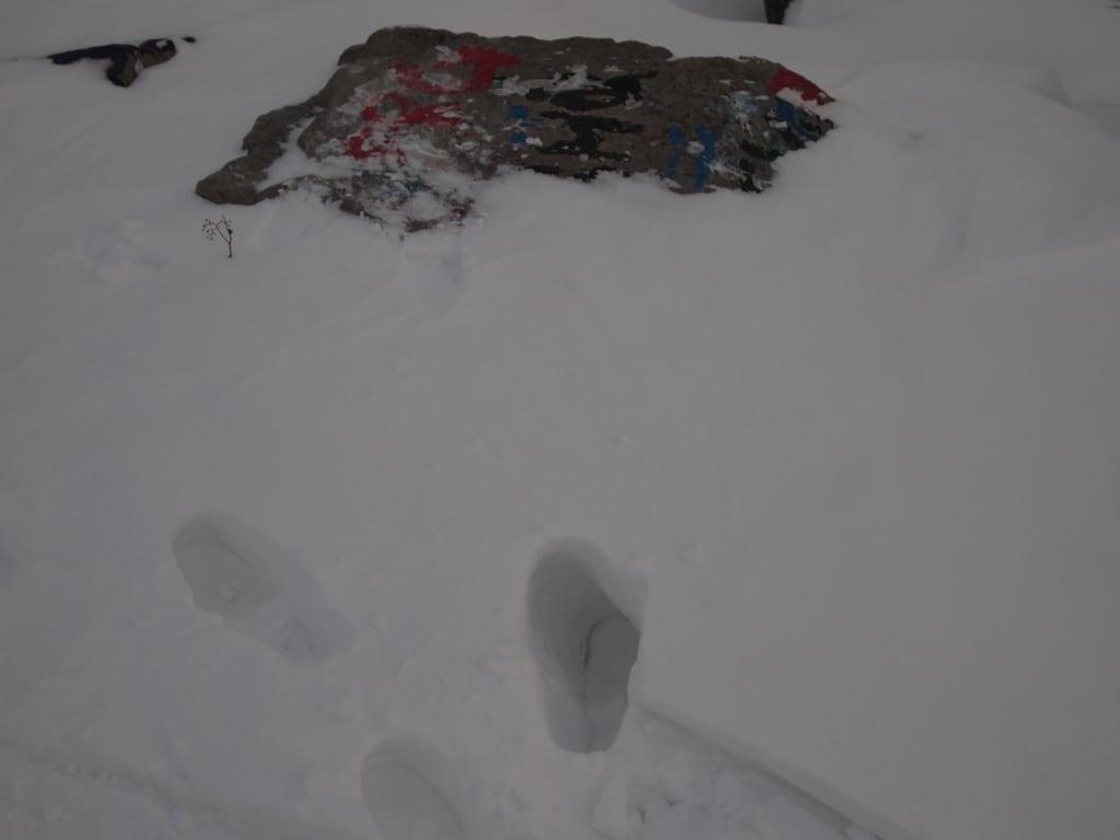 The Rock की छवि. snow rocks footprints