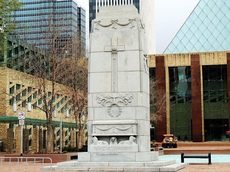 Image of City Hall Cenotaph. city canada skyline hall downtown cityscape edmonton skyscrapers centre conservatory alberta conference shaw muttart winspear uurban
