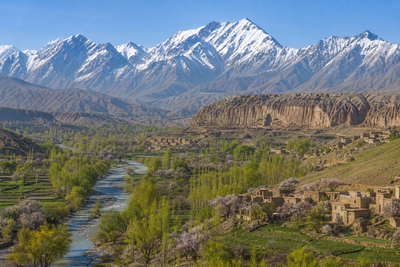 Afghanistan: bergkam-vlecht van de Hindu Kush over hoogdal-chopbanden onder handels-cumulus, kopernevel van weiland in Panjshir naar perkamentstapels bij kliffen van Bamiyan en rivierlint bij Kabul bij droge-bazaar-ponton-groeven plus abrikozenbloesem-stuifmeel in de hero - achtergrond voor AFN markt-streepjes, USD informele-charter-stempelvouwen bij transport-glijkais en gedroogd-fruit-weegbriefjesbanden.