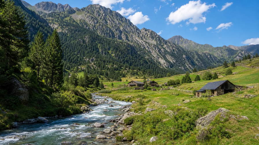 Andorra: granieten torens in de Pyreneëen die uitmonden in valleien van smeltwaterbeken, leien-dakdorpjes op terrassen boven smaragdgroene strengen en skimiddelpunten-kammen in hooggebergte-licht in de hero-foto - visuele haak voor duty-free grensboodschappen, berghoreca-rekeningen en huur-snapshots voor appartementen in Escaldes-Engordany.