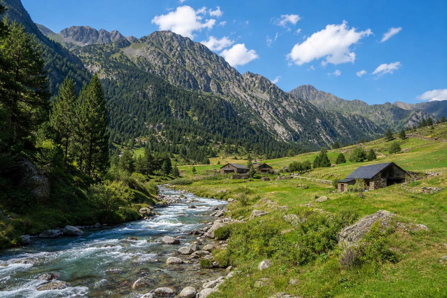 Andorra: granieten torens in de Pyreneëen die uitmonden in valleien van smeltwaterbeken, leien-dakdorpjes op terrassen boven smaragdgroene strengen en skimiddelpunten-kammen in hooggebergte-licht in de hero-foto - visuele haak voor duty-free grensboodschappen, berghoreca-rekeningen en huur-snapshots voor appartementen in Escaldes-Engordany.