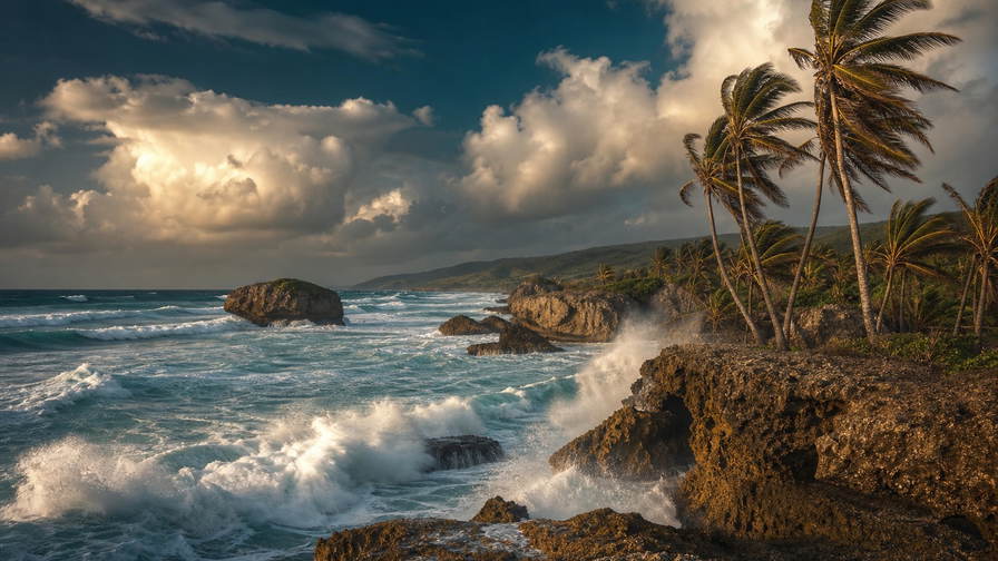 Barbados: petrolkleurige Atlantische branding bij Bathsheba die kalkstenen rotsblokken onder handels-cumulus vlecht, koperkleurige muskaat-rum-nevel van St Lawrence Gap naar boterachtig platina-koraalzand in Holetown en kalkstenen koloniale arcade-stapels in Bridgetown met jadekleurige nevelbanden boven suikerriet-windrows in de hero - achtergrond voor fish-fry-briefjes in Barbados-dollar (BBD), gevouwen USD-katamaran-charter-stempels bij ijskades in Carlisle Bay en weegbriefjes voor flying fish in Oistins.