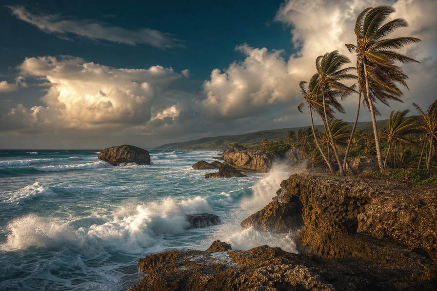 Barbados: petrolkleurige Atlantische branding bij Bathsheba die kalkstenen rotsblokken onder handels-cumulus vlecht, koperkleurige muskaat-rum-nevel van St Lawrence Gap naar boterachtig platina-koraalzand in Holetown en kalkstenen koloniale arcade-stapels in Bridgetown met jadekleurige nevelbanden boven suikerriet-windrows in de hero - achtergrond voor fish-fry-briefjes in Barbados-dollar (BBD), gevouwen USD-katamaran-charter-stempels bij ijskades in Carlisle Bay en weegbriefjes voor flying fish in Oistins.