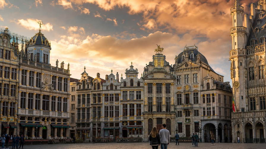 België: Art-nouveau-gevels in Brussel, bakstenen gildehuizen in Gent en Noordzeepromenades in de banner - beeld bij frietkoten, trappistenbier en tweetalige huurgidsen.