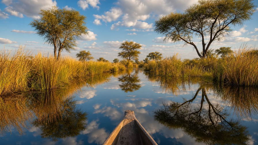 Botswana: papyrusdoolhof in de Okavango met weerspiegeling van stormwolken, hitteflikkering boven Makgadikgadi-zoutpannen en landingsbaanlichten bij de lodges in Maun achter moko-roeiers in de hero - achtergrond voor seswaa-buffet, drankjes op de Chobe-rivierboot en aanbetalingen in BWP en USD voor mobiele camps.