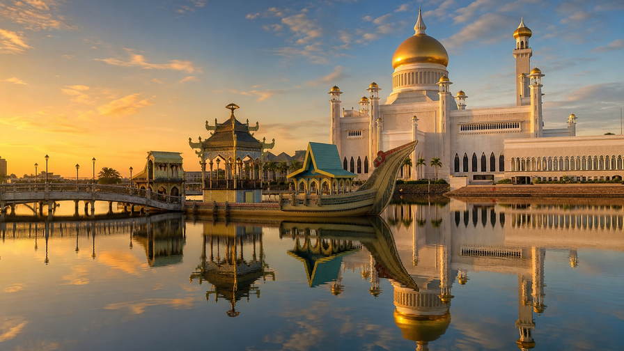 Brunei: marmeren lagunespiegels in Bandar Seri Begawan die reflecties van de puur gouden koepel van de Omar Ali Saifuddien-moskee vlechten, schaduwen van stelzenpaden in Kampong Ayer richting ambuyat-stoomspiralen op de nachtmarkt van Gadong en nevelbanden van boomkroonpaden in Ulu Temburong in de hero - achtergrond voor weegbriefjes voor keropok ikan in Bruneise dollar (BND), stapels bliklipjes voor suiker van sagopalm en gevouwen taxameterbonnen met gesubsidieerde tarieven.
