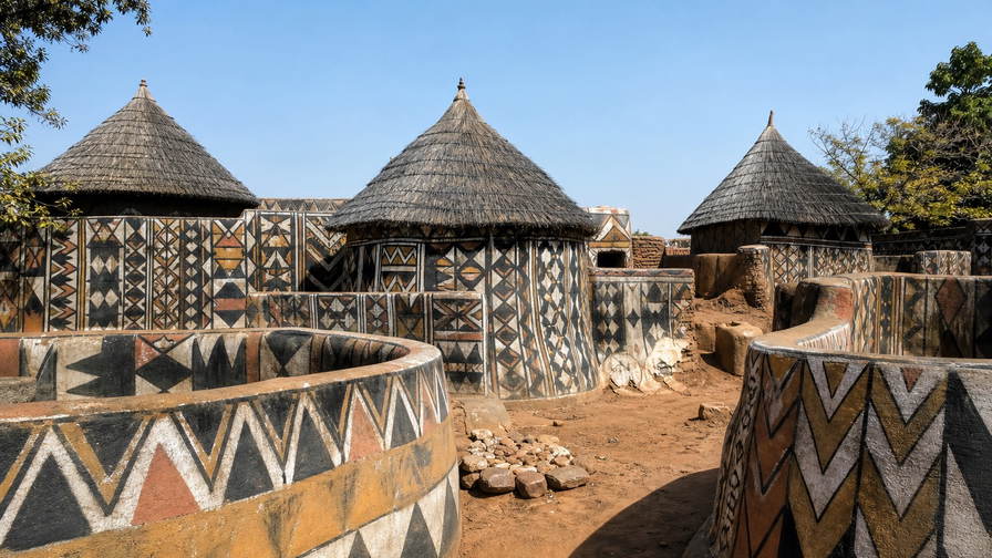 Burkina Faso: handgeschilderde Kassena-patronen op lemen muren in Tiébélé, sheaboter-kramen langs Sahel-vrachtroutes en rode boulevards in Ouagadougou in de hero - achtergrond voor giersttô, gegrilde geitenspiesjes en binnenplaats-huur in Bobo-Dioulasso.