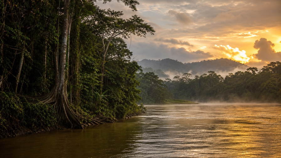 Centraal-Afrikaanse Republiek: mahonie-mist van Dzanga-Sangha vlecht Sangha-rivier golfbanden onder handelsstapelwolken, kopernevel bij Boali-watervallen naar Ubangi-veer in Bangui en perkamentstapels aan de kade, stofband aan megalietenhorizon bij Bouar met koffie-drogelint in Berberati plus pollen aan bosrand bij Kembe in de hero - achtergrond voor XAF marché-streepjes, USD safari-charter-stempelvouwen bij lodge-glijkais in Bayanga en cassave-weegbriefjesbanden in Bambari.
