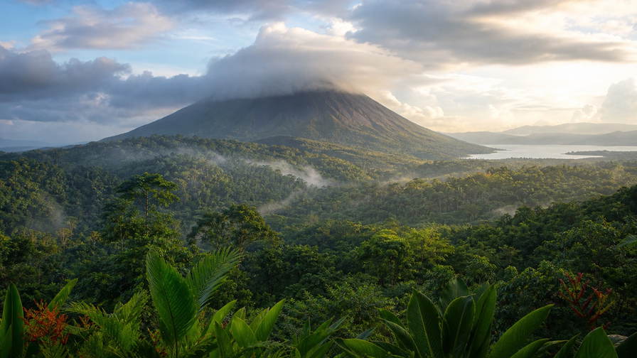 Costa Rica: perfecte kegel van de vulkaan Arenal die mistkam door het regenwoud bij La Fortuna vlecht onder tropische cumulus, jadegroene bromelia-nevel van het wolkenbos van Monteverde naar gouden streeklijnen op de Stille Oceaan in Tamarindo en koffierookdamp van Mercado Central in San José met perkselstroken uit Tarrazú in de hero - achtergrond voor soda-briefjes in Costa Ricaanse colón (CRC), gevouwen harnas-stempels bij zip lines in het kruin en bonnetjes voor stomende casado-borden.