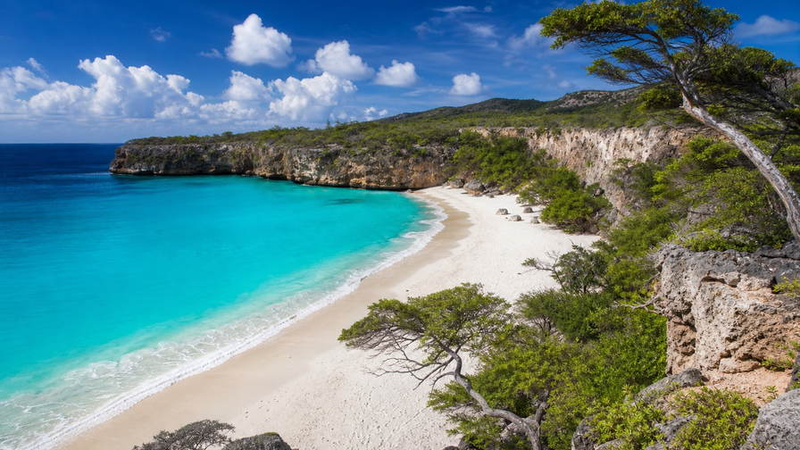 Curaçao: masłowy pas piasku koralowego przy Kenepa Grandi splatający sznur wapiennych klifów w odcieniu jadeitu pod kumulusami pasatu, petrolowe pienienie zatoki Sint Anna w stronę pastelowej pierzei niderlandzkich kamienic przy Handelskade w Willemstad oraz mglistego grzbietu Christoffel z miedzianymi smugami dymu z destylarni likieru na zdjęciu nagłówkowym - tło dla rozliczeń targowych w guldenach antylskich (ANG), stempli z czarterów katamaranów w dolarach (USD) przy lodowych slipach mariny Jan Thiel oraz etykiet ważenia przypraw na rynku w dzielnicy Punda w Willemstad.