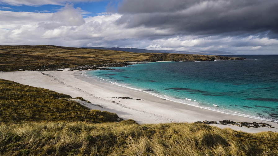 Falklandeilanden: Zuid-Atlantische kwartswitte stranden vlechten Gypsy Cove golfbanden onder handelsstapelwolken, kopernevel boven Stanleyhaven naar vuurtoren Kaap Pembroke en perksellint van Darwin-nederzetting op turf bij Volunteer Point plus stof van schapendips op Carcass Island in de hero - achtergrond voor FKP lodge-streepjes, GBP cruise-charter-stempelvouwen bij helling-glijkais naar Mount Pleasant en wol-weegbriefjesbanden op Saunders Island.