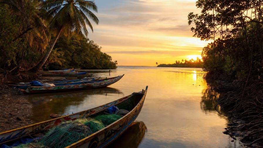 Gambia: mangrovetunnels in Kotu Creek in koperkleurige zonsondergang, pindazakken-gangen op Albert Market onder de arcaden van Banjul en ambachtskraampjes tussen Serrekunda en Brusubi in de hero - achtergrond voor domoda-lunch, kip yassa en kassabonnen in dalasi en euro aan de kust.