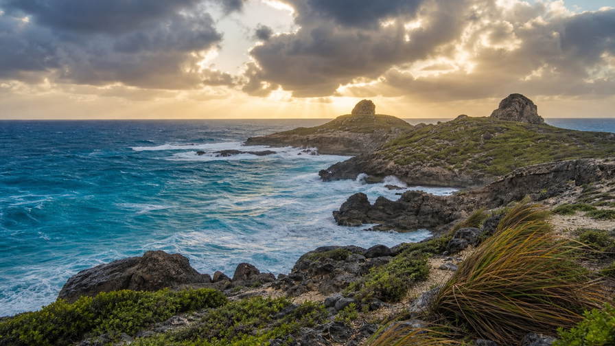Guadeloupe: petrolkleurige Atlantische branding bij Pointe des Châteaux die zwarte rotsen onder handels-cumulus vlecht, jadekleurige stoom van La Soufrière op Basse-Terre door witte nevel van de Carbet-watervallen naar koperkleurige sloep-nevel boven de mangrovelagune van Deshaies en boterachtig koraalzandband bij Sainte-Anne in de hero - achtergrond voor marktbriefjes in euro (EUR), gevouwen USD-cruisefolio-stempels bij ijskades van de veerboot in Pointe-à-Pitre en weegbriefjes voor perkamentkoffie uit Bouillante.