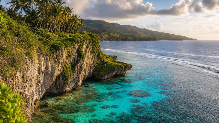 Guam: jade-vlecht van Tumonbaai over ondiep rif golfbanden onder handelsstapelwolken, kopernevel van kalkkliffen aan de noordkust naar latte-zuilen in Hagatna en perkamentstapels aan de kade, lint bij Ritidian Point met kielzog in Apra-haven plus nevelstof bij Inarajan-poel in de hero - achtergrond voor USD markt-streepjes, charter-stempelvouwen bij havenglijkais en papaja-weegbriefjesbanden in Dededo.