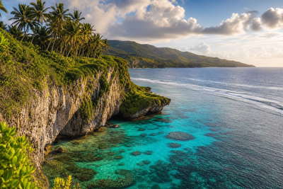 Guam: jade-vlecht van Tumonbaai over ondiep rif golfbanden onder handelsstapelwolken, kopernevel van kalkkliffen aan de noordkust naar latte-zuilen in Hagatna en perkamentstapels aan de kade, lint bij Ritidian Point met kielzog in Apra-haven plus nevelstof bij Inarajan-poel in de hero - achtergrond voor USD markt-streepjes, charter-stempelvouwen bij havenglijkais en papaja-weegbriefjesbanden in Dededo.