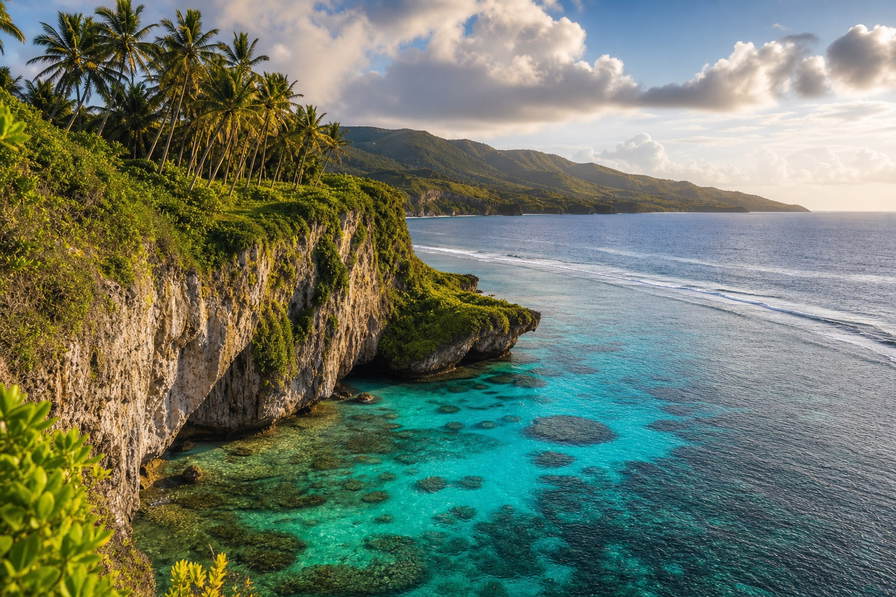 Guam: jade-vlecht van Tumonbaai over ondiep rif golfbanden onder handelsstapelwolken, kopernevel van kalkkliffen aan de noordkust naar latte-zuilen in Hagatna en perkamentstapels aan de kade, lint bij Ritidian Point met kielzog in Apra-haven plus nevelstof bij Inarajan-poel in de hero - achtergrond voor USD markt-streepjes, charter-stempelvouwen bij havenglijkais en papaja-weegbriefjesbanden in Dededo.