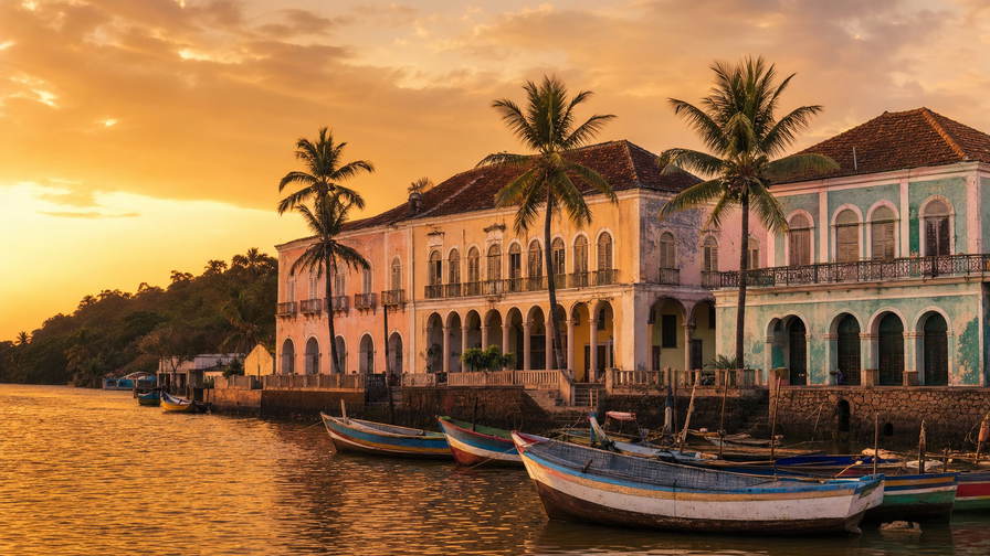 Guinea-Bissau: pastelkleurige kade van Porto Pidjiguiti in Bissau bij koperkleurige schemering, mangrovedoolhoven van de Bijagós-archipel en cashew-rook boven het raster van Bandim-markt in de hero - achtergrond voor caldo de peixe, palmwijn uit kalebasjes en CFA-minibusritten langs de Geba.
