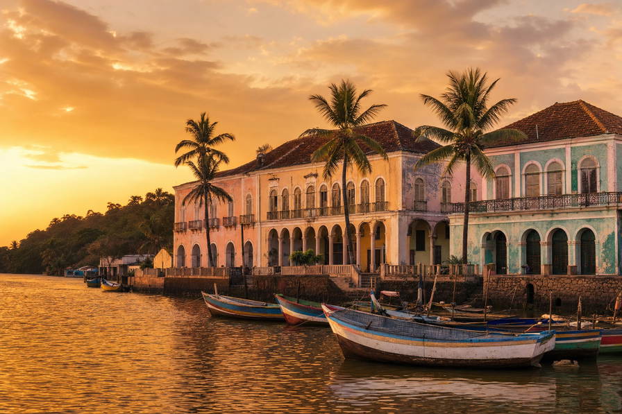 Guinea-Bissau: pastelkleurige kade van Porto Pidjiguiti in Bissau bij koperkleurige schemering, mangrovedoolhoven van de Bijagós-archipel en cashew-rook boven het raster van Bandim-markt in de hero - achtergrond voor caldo de peixe, palmwijn uit kalebasjes en CFA-minibusritten langs de Geba.