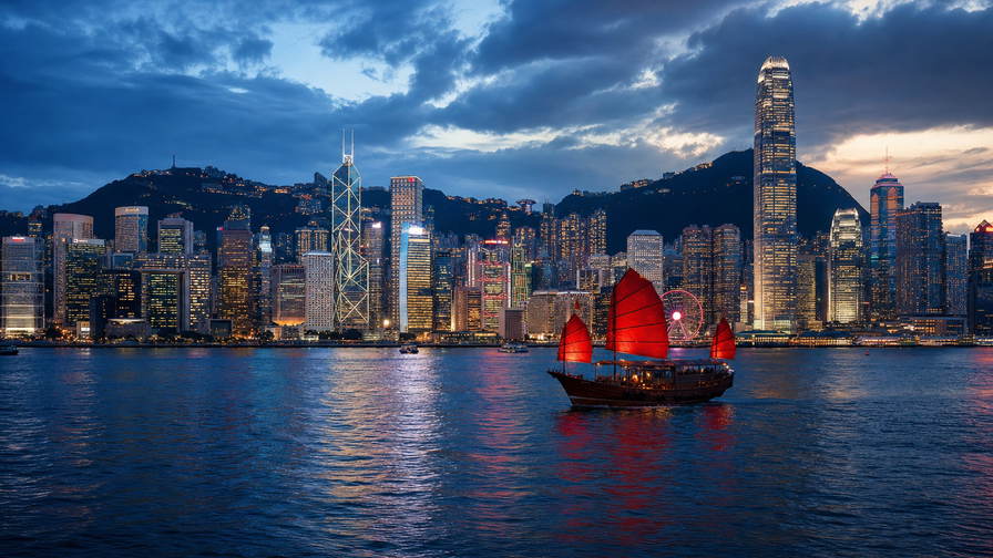 Hongkong: kobaltkleurige inham van Victoria Harbour die rode-jonk-parabolen vlecht onder tyfooncumulus, nevelige glazen wolkenkrabberstapels in Central naar neonmarkiezen op Temple Street en krijtwitte sporen van de Star Ferry met silhouetkam boven Kowloon in de hero - achtergrond voor Octopus-tapbonnen in Hongkong-dollar (HKD), gevouwen dimsum-stoommandtickets en ritstempels van de Peak Tram.